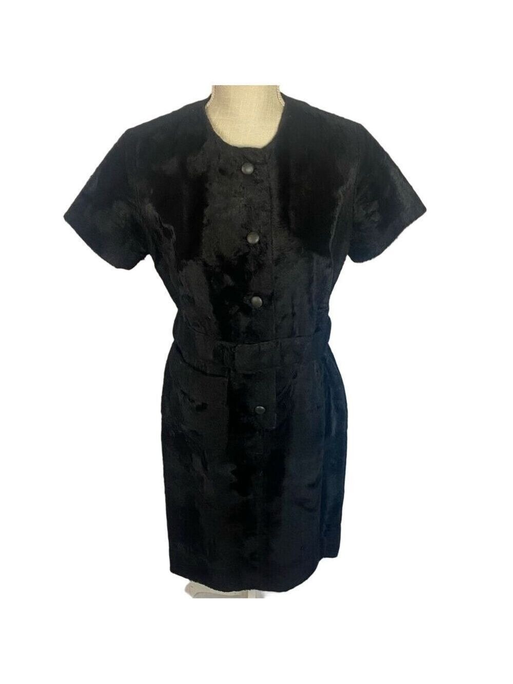 Rare Vintage VTG 1960s 60s Black Faux Fur Mod Mini Dress Button Up Women’s